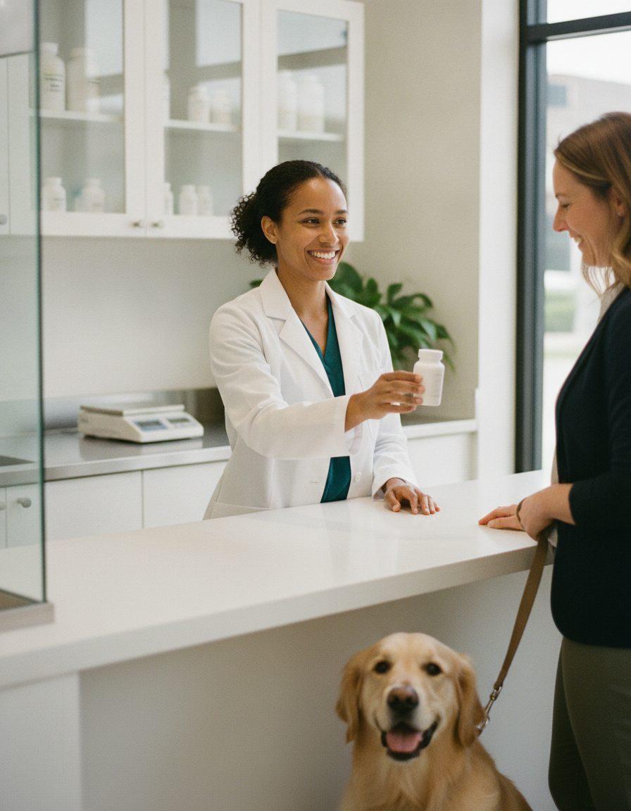 A farmacêutica entrega um frasco manipulado a uma cliente que está com seu golden retriever, no balcão da farmácia.