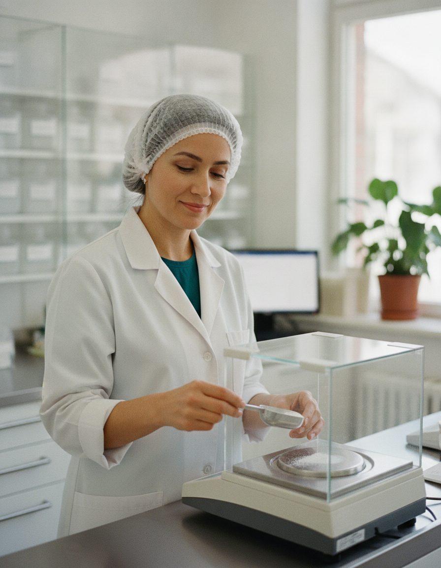 Farmacêutica pesa uma matéria-prima na balança analítica, na bancada de manipulação.