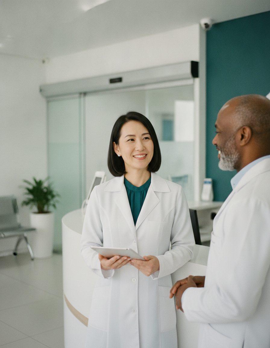 A pharmacist talks with a physician at a clinic reception, tablet in hand.