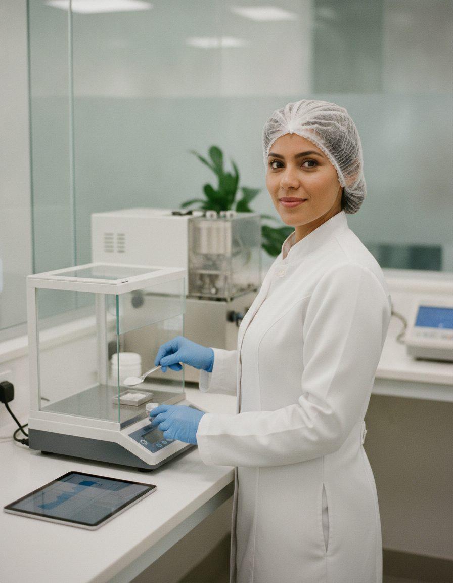 Farmacêutica pesa um insumo em pó na balança analítica de um laboratório de manipulação moderno, com um tablet na bancada.